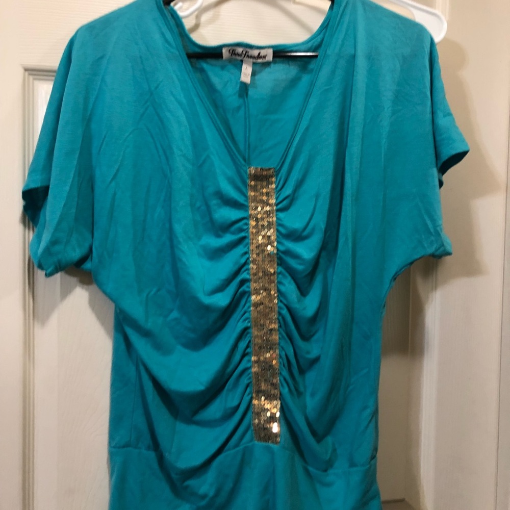 Teal dolman top with gold detail